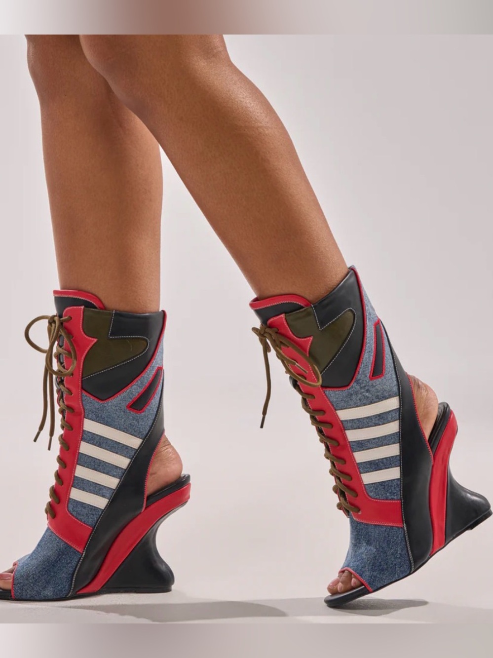 AKIRA Red, Denim & Black Lace-Up Sculpted Wedge Heel